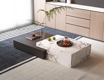 Modern Coffee Table With Marble And Wooden Top Tray Cup Green Apples Plant On Rug 3d model