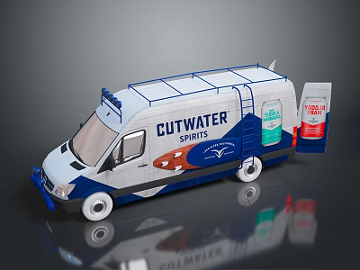 White and Blue Cutwater Spirits Delivery Van with Roof Rack and Beverage Cans Design 3d model