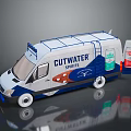 White and Blue Cutwater Spirits Delivery Van with Roof Rack and Beverage Cans Design