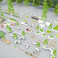 Tree Planters Design Featuring Various Shapes And Greenery In Paved Public Space 3d model