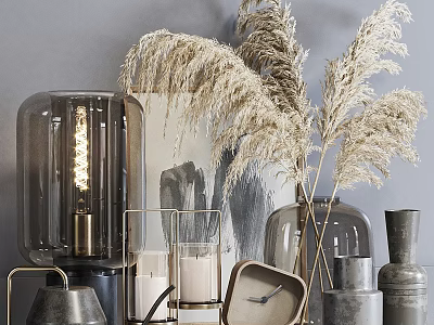 Elegant Mixed Material Decorative Ornament Combination With Glass Vases Metal Clock And Pampas Grass 3d model