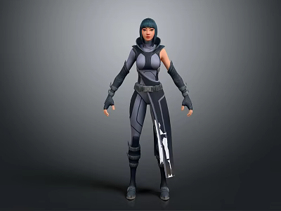 Hooded Female Game Character In Black Gray Tight Suit With Armored Details And Combat Gear 3d model