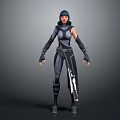 Hooded Female Game Character In Black Gray Tight Suit With Armored Details And Combat Gear