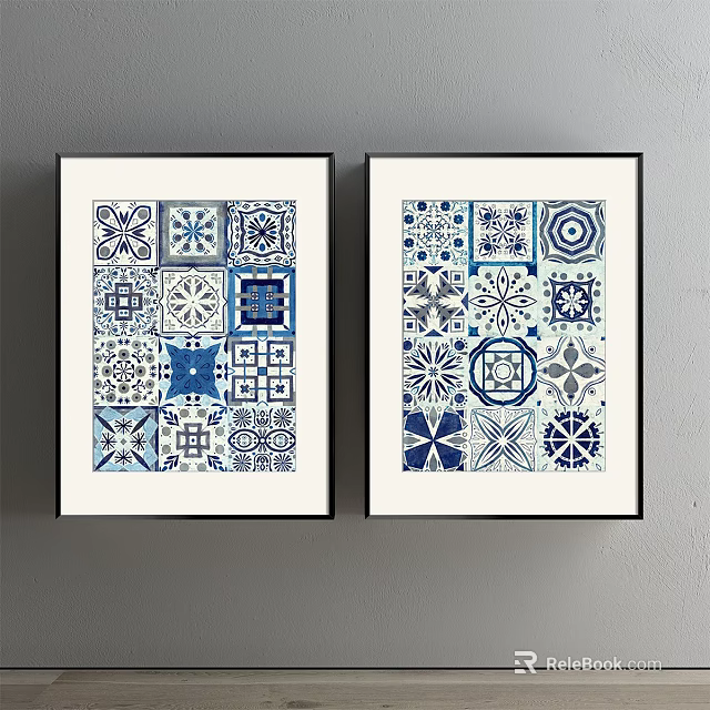 Blue And White Geometric Pattern Wall Art With Black Frames On Grey Wall 3d model