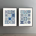 Blue And White Geometric Pattern Wall Art With Black Frames On Grey Wall 3d model