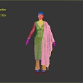 Woman In Pink Patterned Outfit With Long Sleeves And Pink Shawl Black Shoes Gray Background