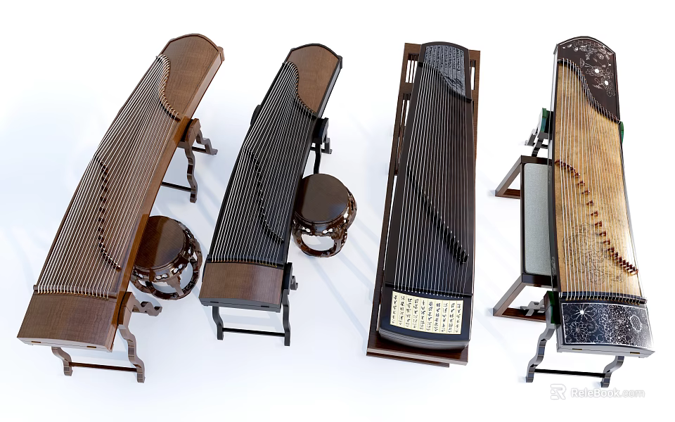 Traditional Guzheng Musical Instruments and Art Supplies with Various Styles and Wooden Structures 3d model 