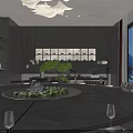 Private Dining Box With Large Windows Mountain View Dining Table Chairs And Modern Chandelier 3d model
