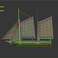 Vintage Wooden Sailboat Model with Two Masts and White Sails on Reflective Surface