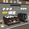 Sleek Modern Kitchen Interior With Countertop Coffee Machine Wall Mounted Cups And Appliances