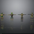 Four Yellow And Green Robot Characters With Black Details Standing Arms Extended Gray Background