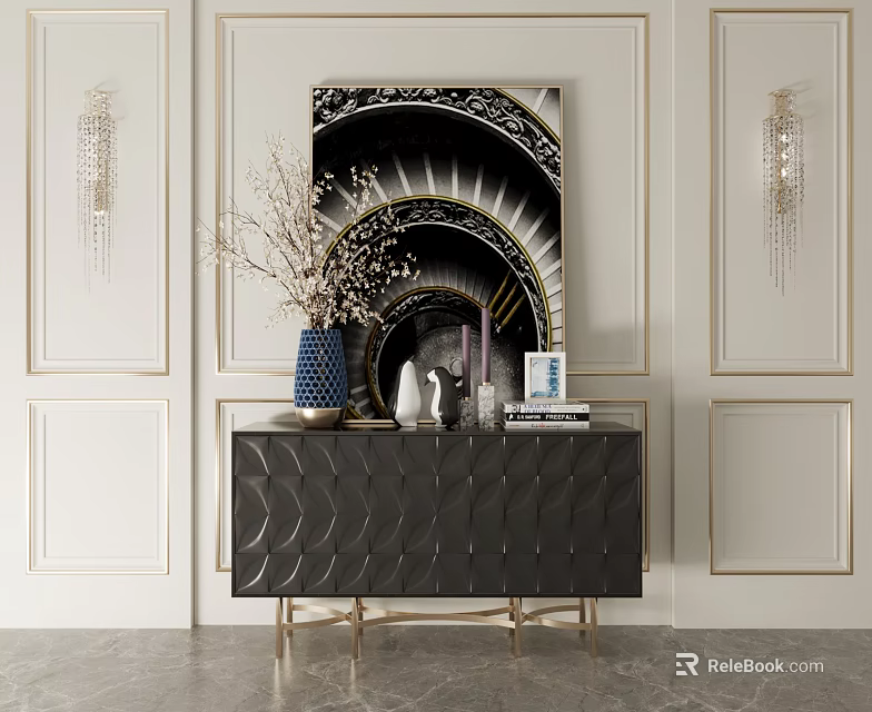 Black Scalloped Console Sideboard Gold Legs Decorated With Vase Books Candles On White Wall Artwork 3d model 