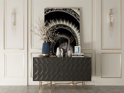 Black Scalloped Console Sideboard Gold Legs Decorated With Vase Books Candles On White Wall Artwork 3d model