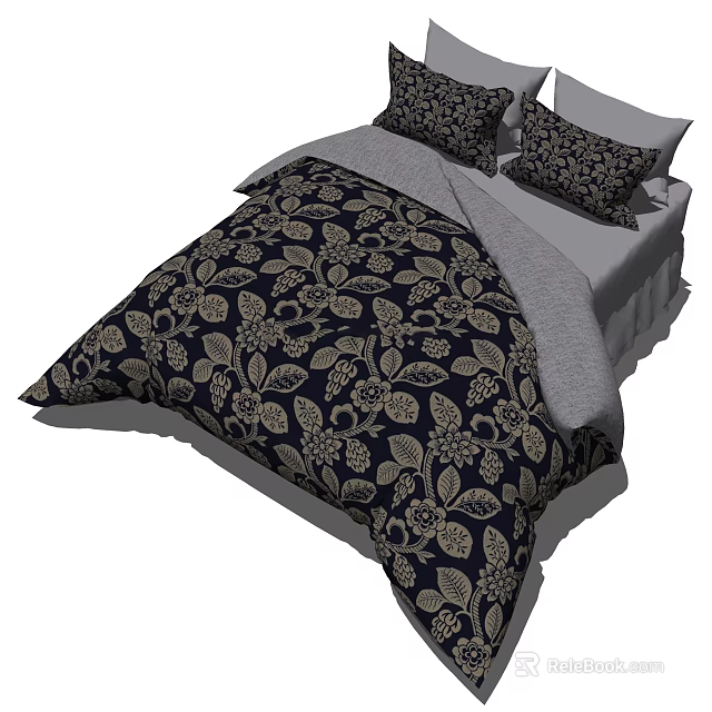 Double Bed With Dark Blue Gold Floral Leaf Pattern Bedding And Matching Pillows 3d model
