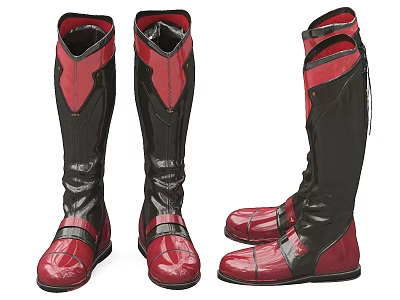Red And Black Leather Tall Boots With Shiny Finish And Structured Design 3d model
