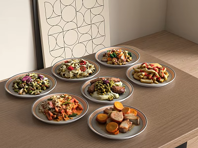 Assorted Delicious Dishes Served on Wooden Tabletop with Geometric Pattern Wall Art 3d model