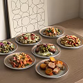 Assorted Delicious Dishes Served on Wooden Tabletop with Geometric Pattern Wall Art