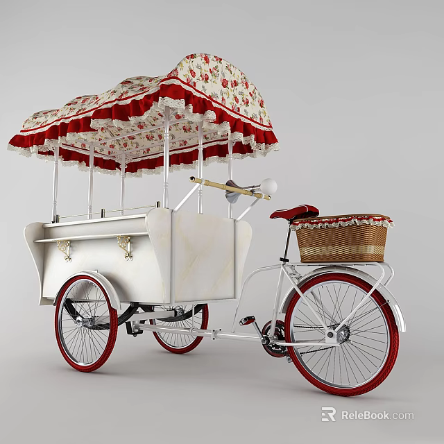 Vintage Bicycle With Floral Canopy And Food Cart Structure Red Wheels 3d model 