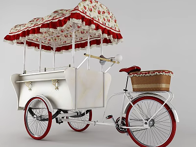 Vintage Bicycle With Floral Canopy And Food Cart Structure Red Wheels 3d model