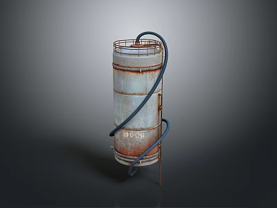 Rusty Cylindrical Industrial Tank with Blue Hose and Metal Stand 3d model