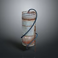 Rusty Cylindrical Industrial Tank with Blue Hose and Metal Stand