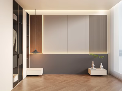 Modern Interior Space With Storage Cabinets Decor Lamp And Plants 3d model