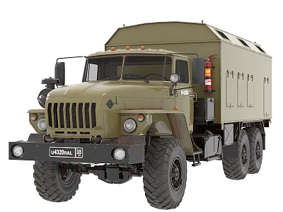 Olive Green Ural Military Truck With Six Wheels And Cargo Compartment 3d model