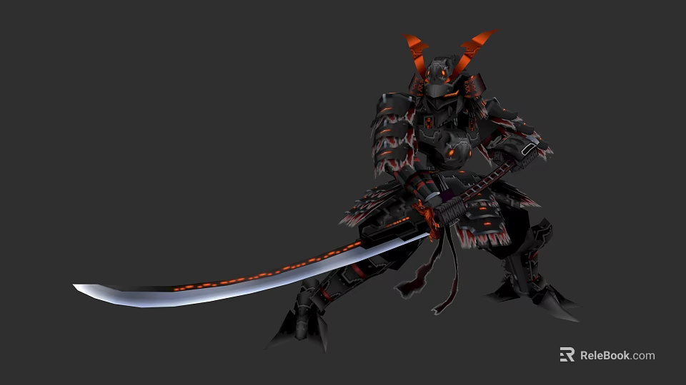 Game Movie Character Samurai With Black Armor Red Horns And Long Sword 3d model 
