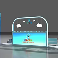 Vibrant Blue Exhibition Booth Featuring Cloud Decorations And Child Friendly Display Spaces 3d model