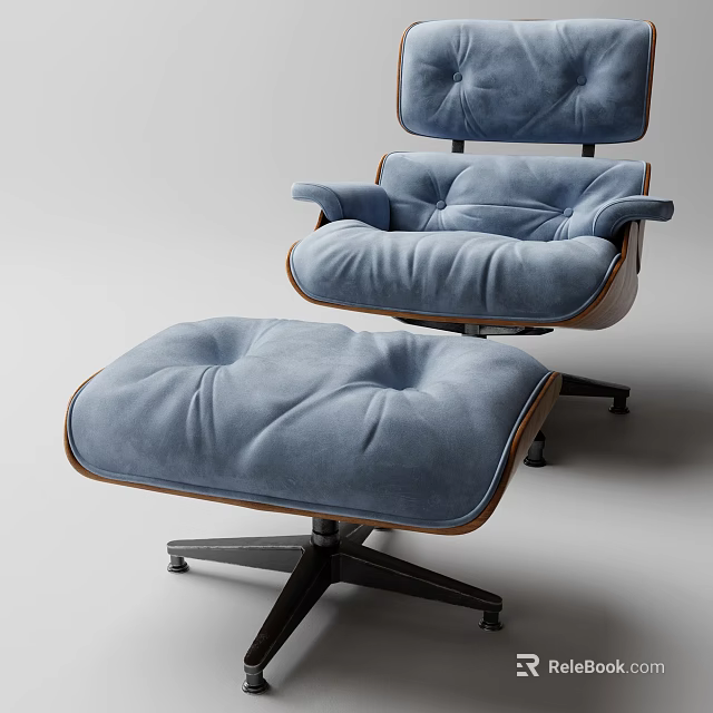 Single Seater Blue Velvet Sofa with Wooden Frame and Matching Ottoman 3d model 