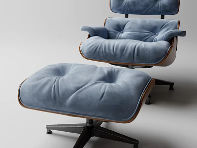 Single Seater Blue Velvet Sofa with Wooden Frame and Matching Ottoman 3d model