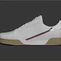White Sneakers With Brown Sole Red And Blue Side Stripe And Brand Logo On Tongue