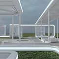 Modern White Pergola Design With Curved Path And Circular Lawn Features 3d model