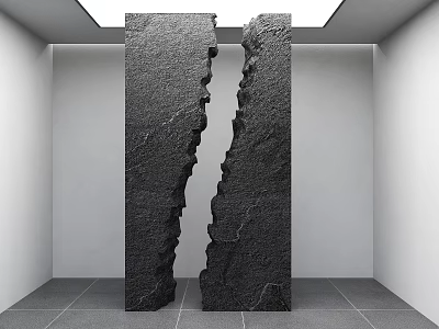 Cracked Black Stone Background Wall With White Surrounding Walls And Gray Floor Ceiling Lighting 3d model