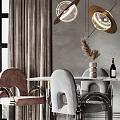Dining Table Set With Elegant Chairs Pendant Lights And Round Mirror Modern Interior 3d model