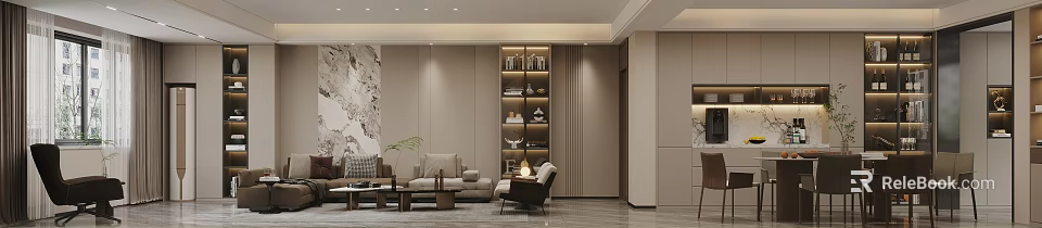 Modern Living Dining Room Interior With Sofa Coffee Table Display Shelf And Warm Lighting 3d model