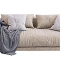Cozy Beige Fabric Sectional Sofa With Soft Pillows And Knitted Throw Blanket
