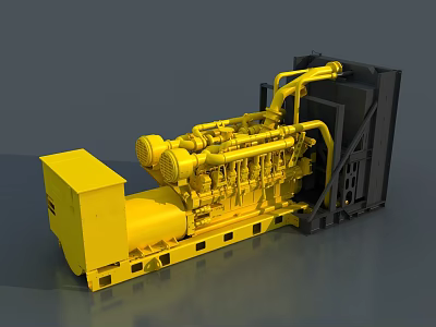 Yellow Heavy Duty Diesel Engine For Industrial Use With Pipes And Radiator 3d model