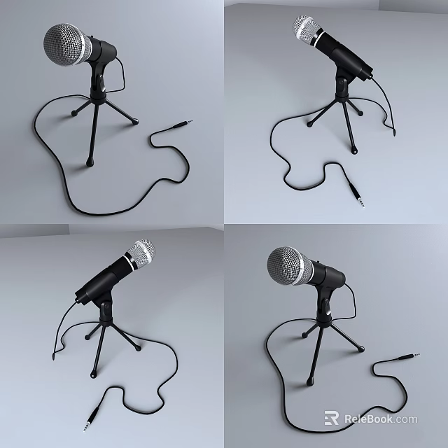 Black Wired Microphone with Tripod Stand and Silver Mesh Multi Angle Views 3d model 