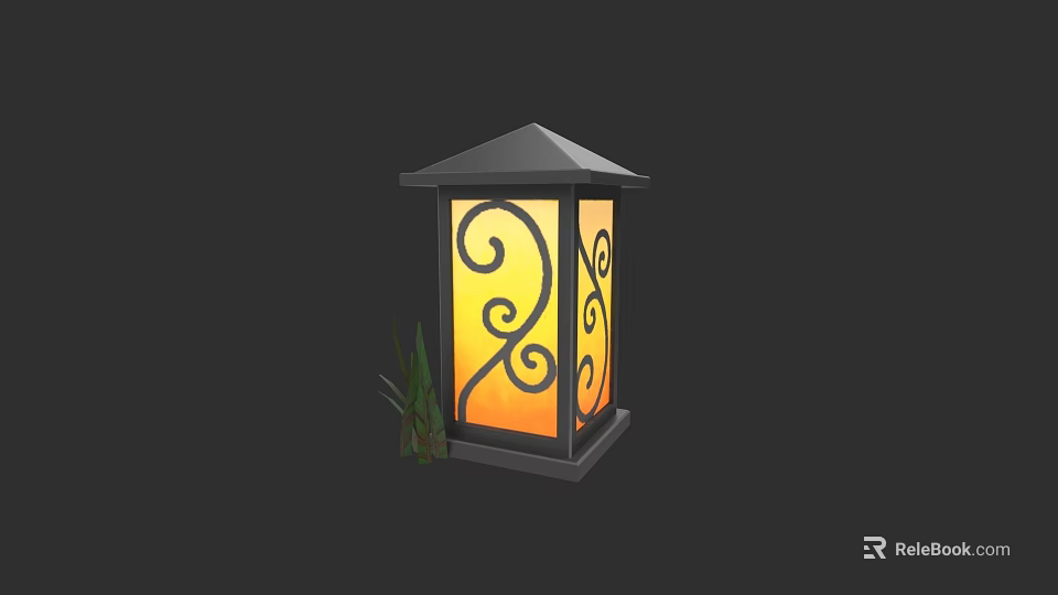 Traditional Lantern With Pointed Roof Spiral Designs And Yellow Light Near Green Plants 3d model 