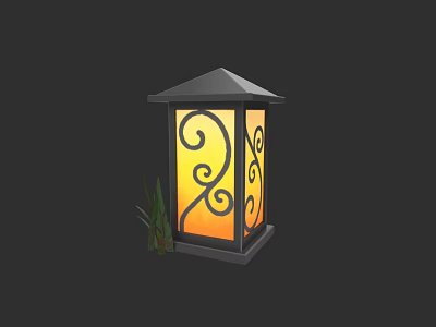 Traditional Lantern With Pointed Roof Spiral Designs And Yellow Light Near Green Plants 3d model