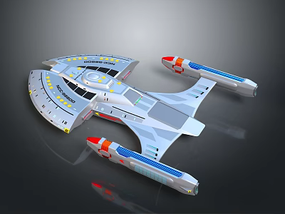 Futuristic Sci Fi Spaceship Model With Silver Body Red Blue Thrusters And Yellow Details 3d model