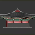 Cartoon Scene Traditional Korean Building With Gray Tiled Roof Red Decorations Blue Windows And Reflection