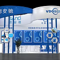 BioTECH Exhibition Booth With Blue White Design Display Screens Promotional Graphics And Staff