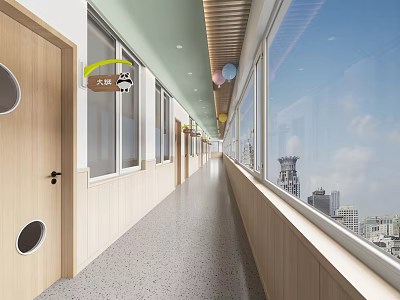 Modern Kindergarten Corridor With Wooden Doors Large Windows And City View 3d model