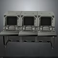 Grey Metal Control Consoles with Three Screens Buttons and Keyboards in Long Strip Design