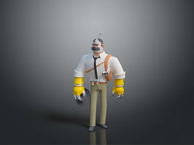 3D Cartoon Man With Mustache White Shirt Yellow Cuffs Brown Shoulder Bag Holding Tool 3d model