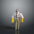3D Cartoon Man With Mustache White Shirt Yellow Cuffs Brown Shoulder Bag Holding Tool
