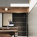 Modern Restaurant Interior With Round Tables Wooden Walls Decorative Paintings And Pendant Lights