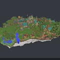 Fantasy Island Scenery With Green Trees Cottages Blue Stream And Fairy Tale Buildings